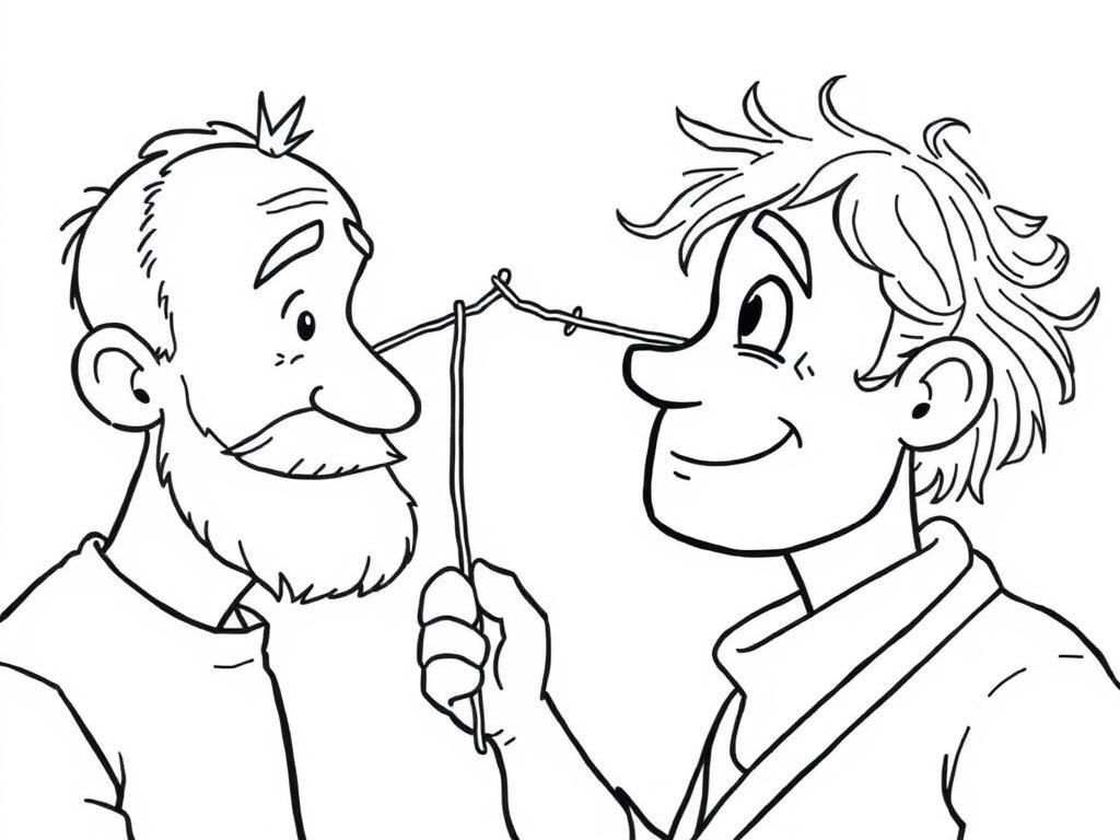 a man with a stick in his eye, trying to help another man with a speck in his eye - Free Printable Coloring Page