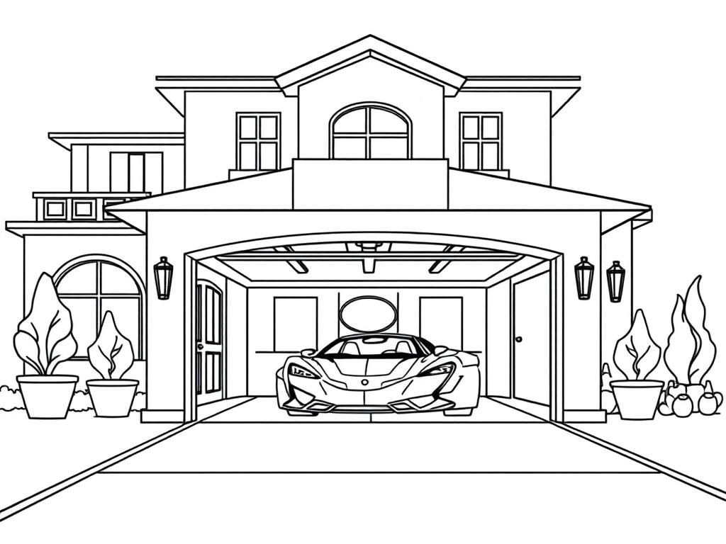 Kleurplaat Huis met sportwagen