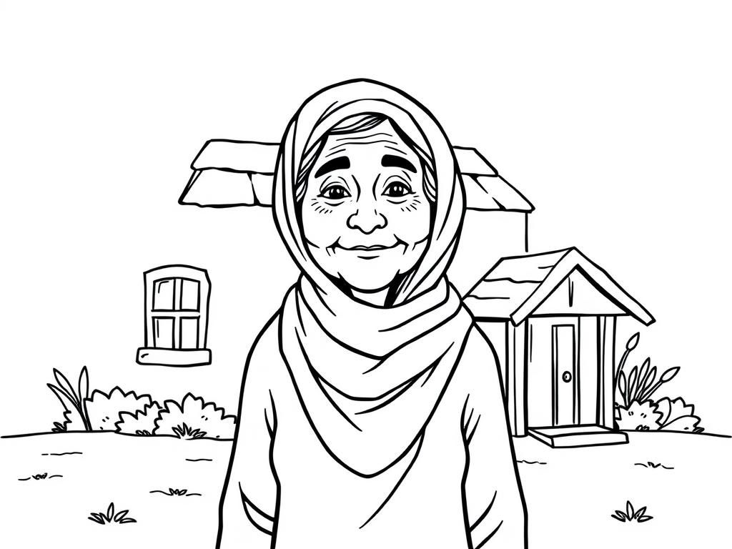 a mature lady wearing a scarf on her head and standing in front of a small house