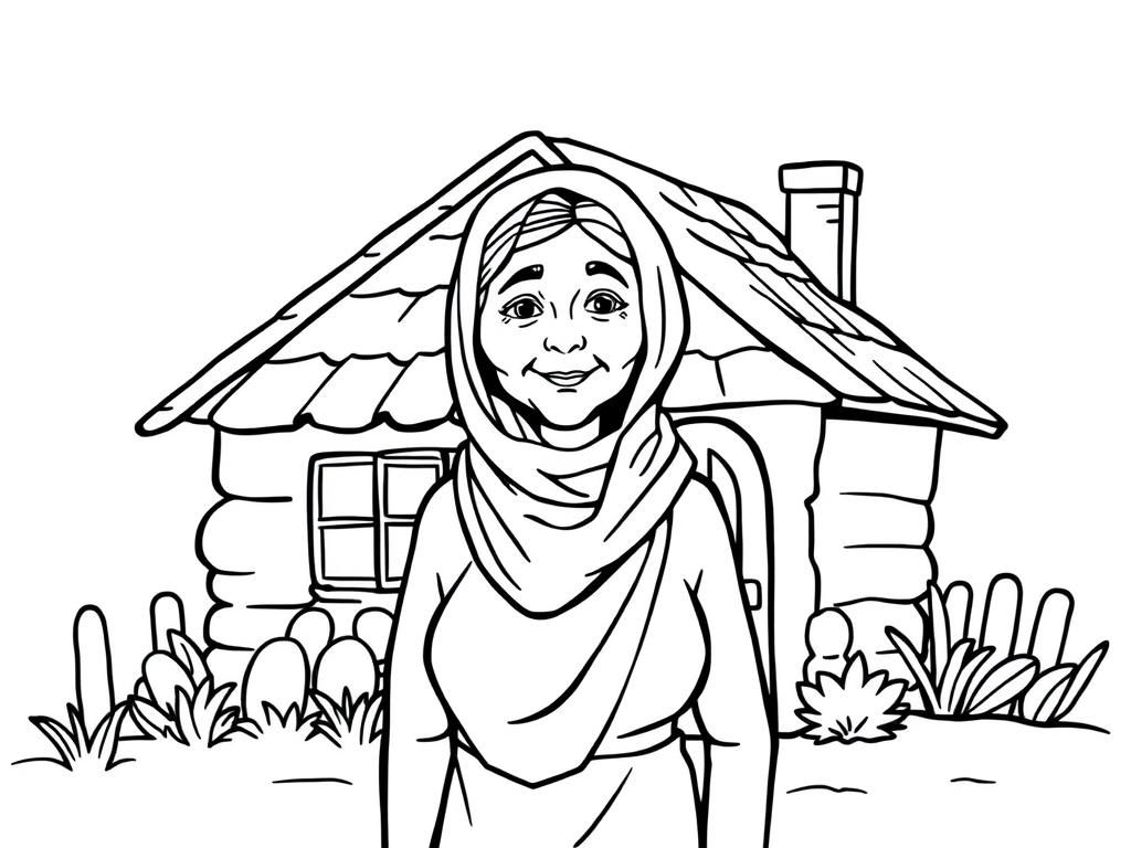 a mature lady wearing a scarf on her head and standing in front of a small house