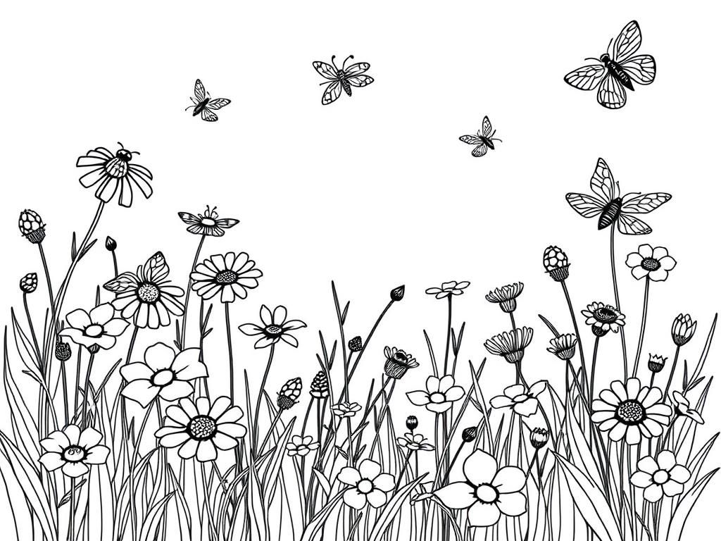 Preview of A meadow with flowers, bees, dragonflies, butterflies