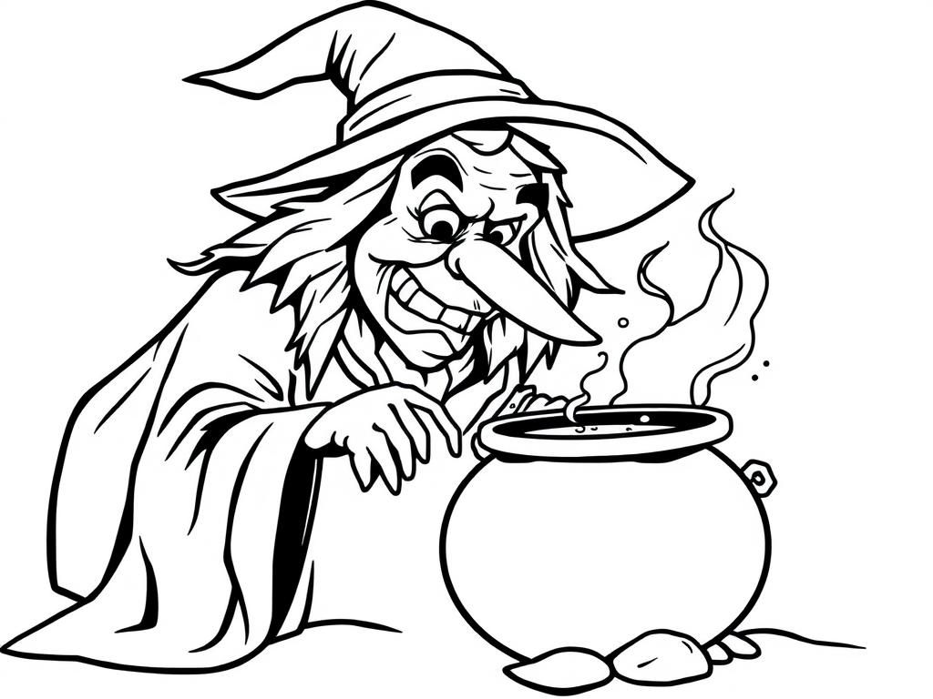 Preview of A mean witch with a long nose and wart stirring her potion in a cauldron