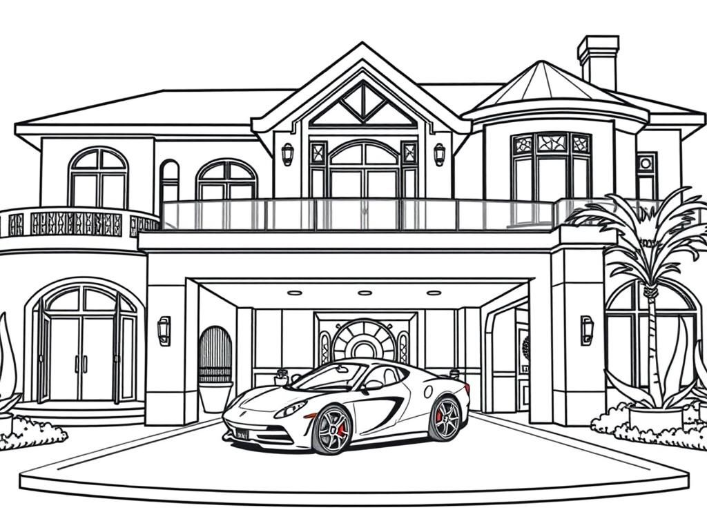Luxe huis met sportwagen kleurplaat