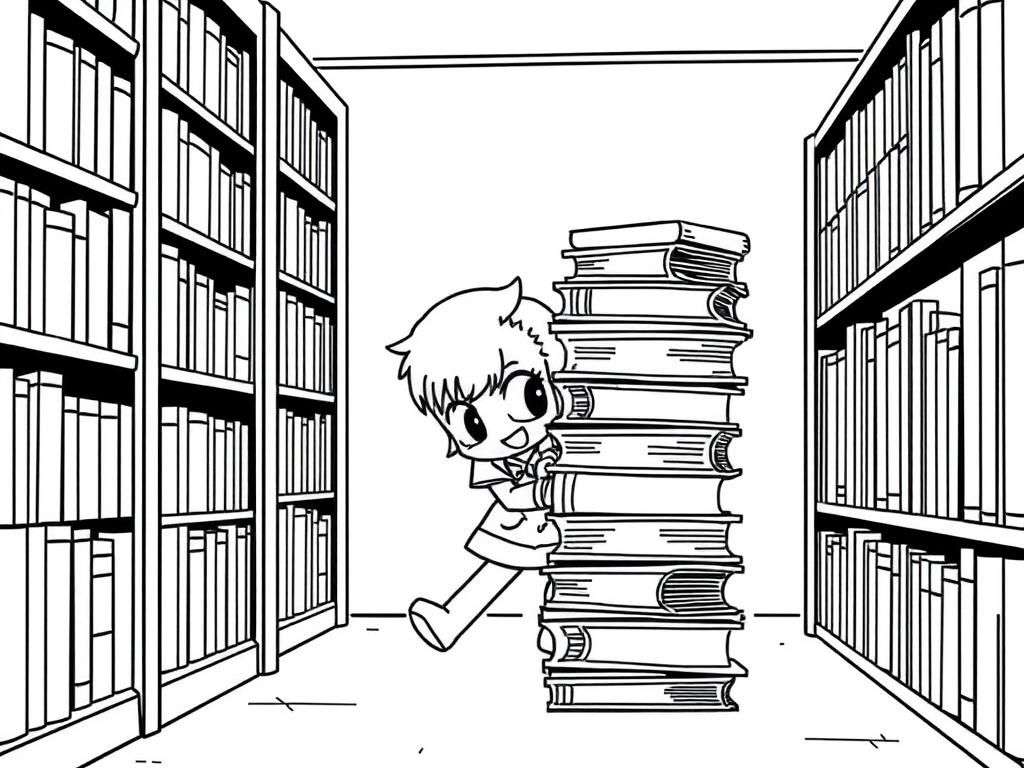 Preview of A mischievous anime character sneaking into a library with a stack of books taller than they are.