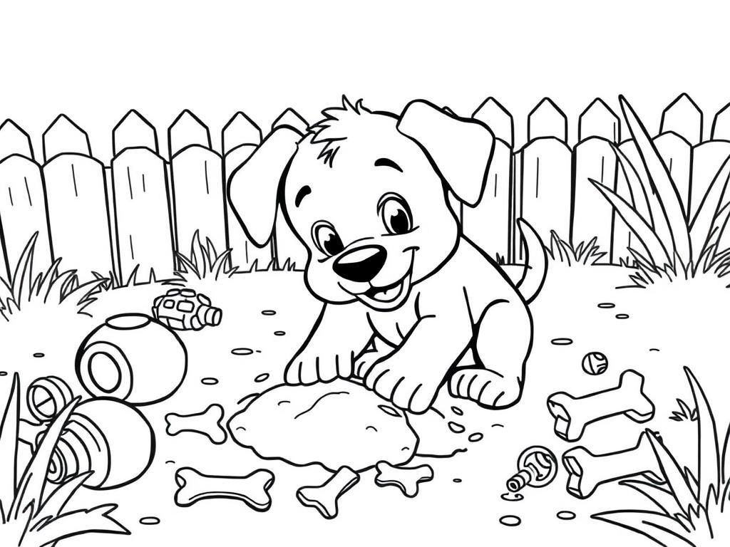 Preview of A mischievous puppy digging up treasure in a backyard, surrounded by toys and bones