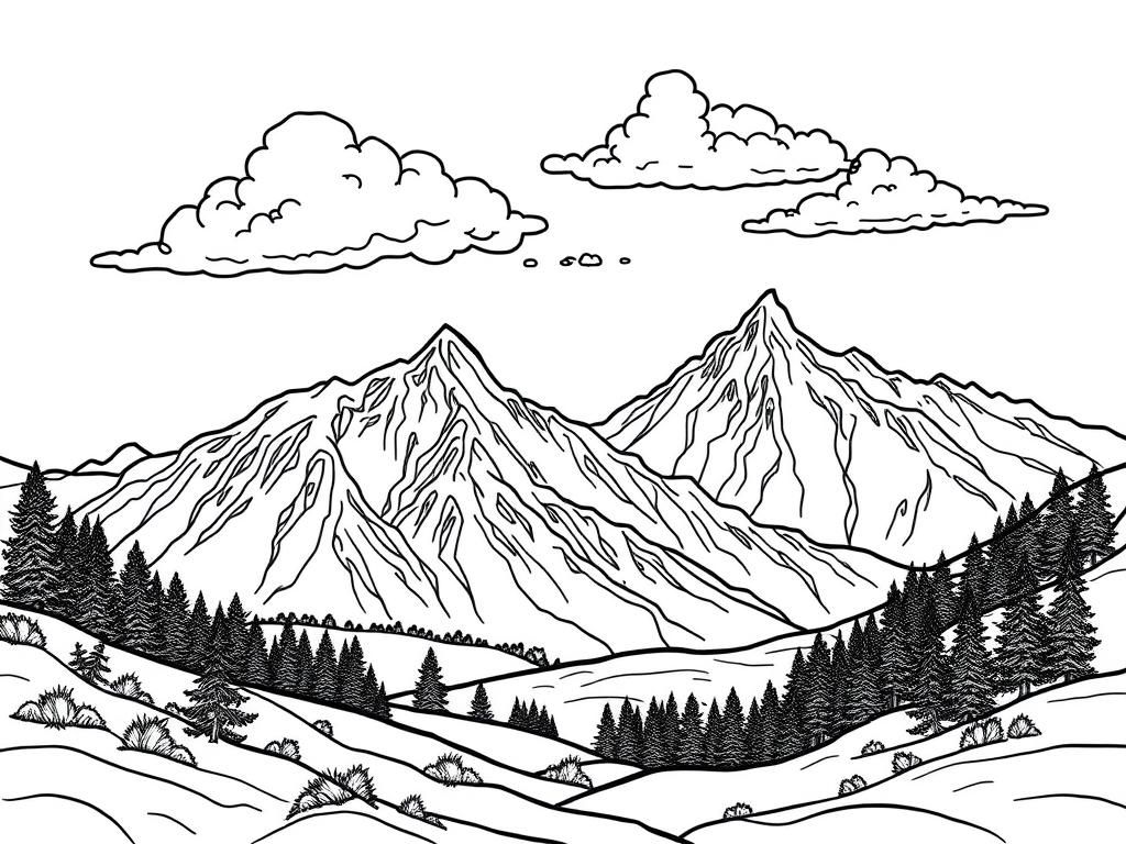 Preview of a mountain landscape in the style of an oil painting not a coloring page with clouds in a grey sky