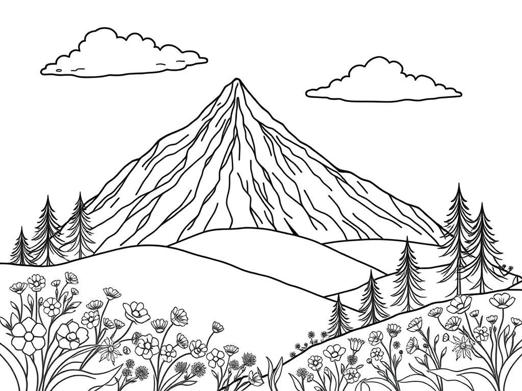 Preview of A mountain range with flowers and trees and clouds