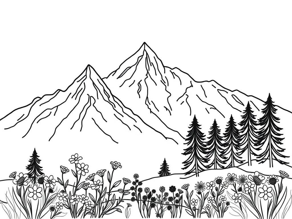 A mountain range with flowers and trees