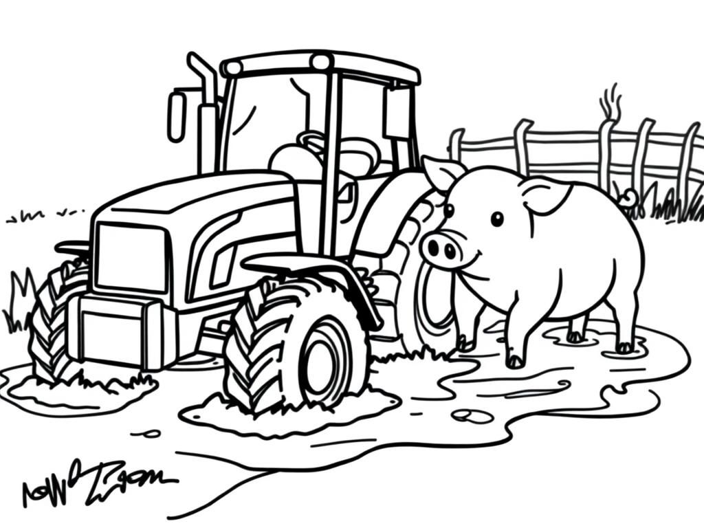 Preview of A muddy tractor stuck in a big puddle, with a farmer and a pig trying to push it out