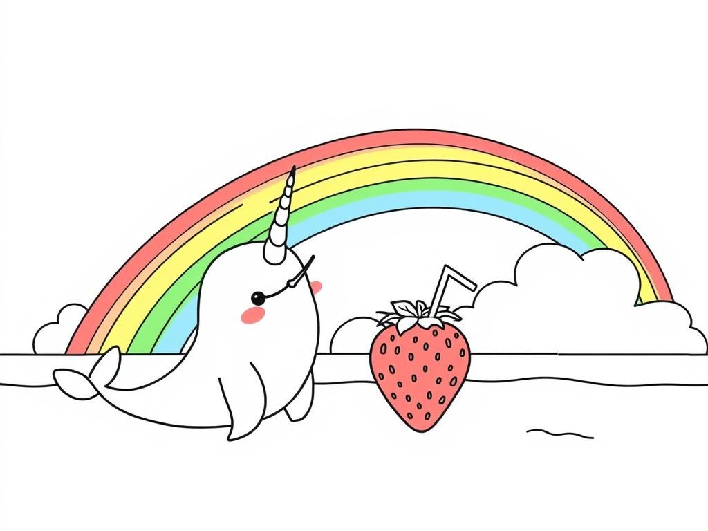 Preview of A narwhal and a cute strawberry on the beach enjoying a cocktail, and a rainbow