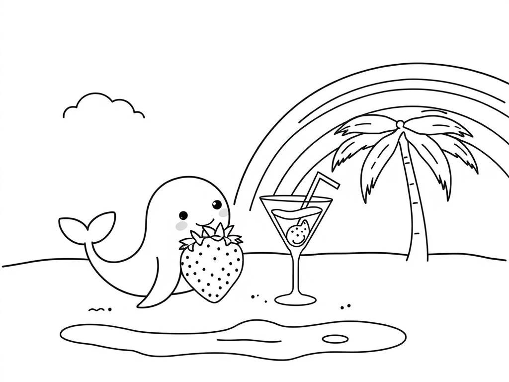 A narwhal and a cute strawberry on the beach enjoying a cocktail, and a rainbow, without colors