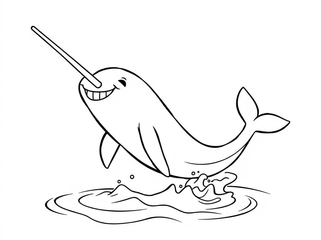 a narwhal jumping out of the water, his tusk gleaming, a huge smile on it's face