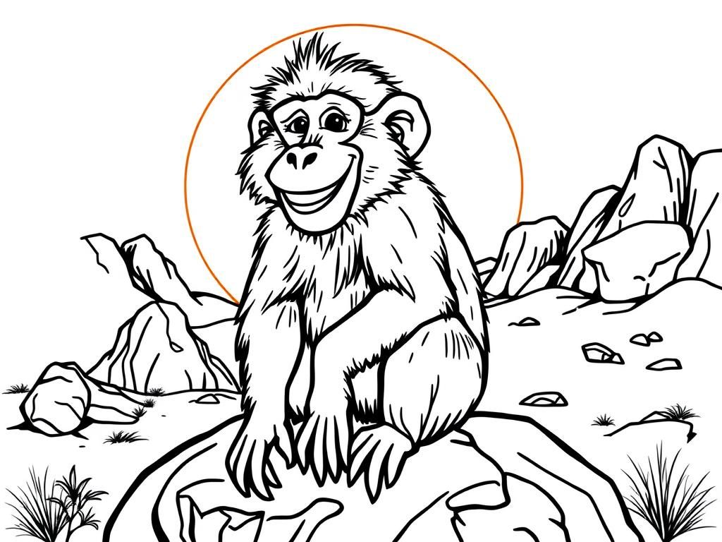 "A nice baboon with a big smile,  sitting on a rock. Background: a rocky savanna with a glowing sunset." - Free Printable Coloring Page