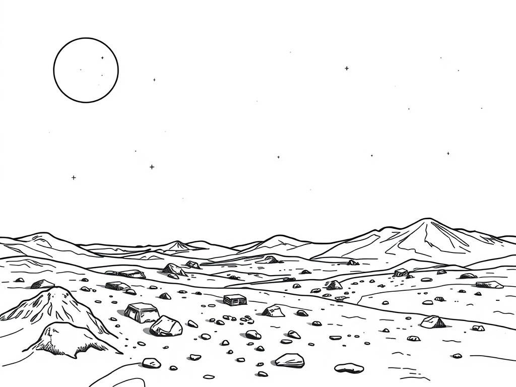 Preview of a night scene on mars drawn with hair-thin lines with a black sky with stars