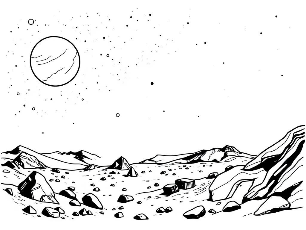 a night scene on mars drawn with very fine lines