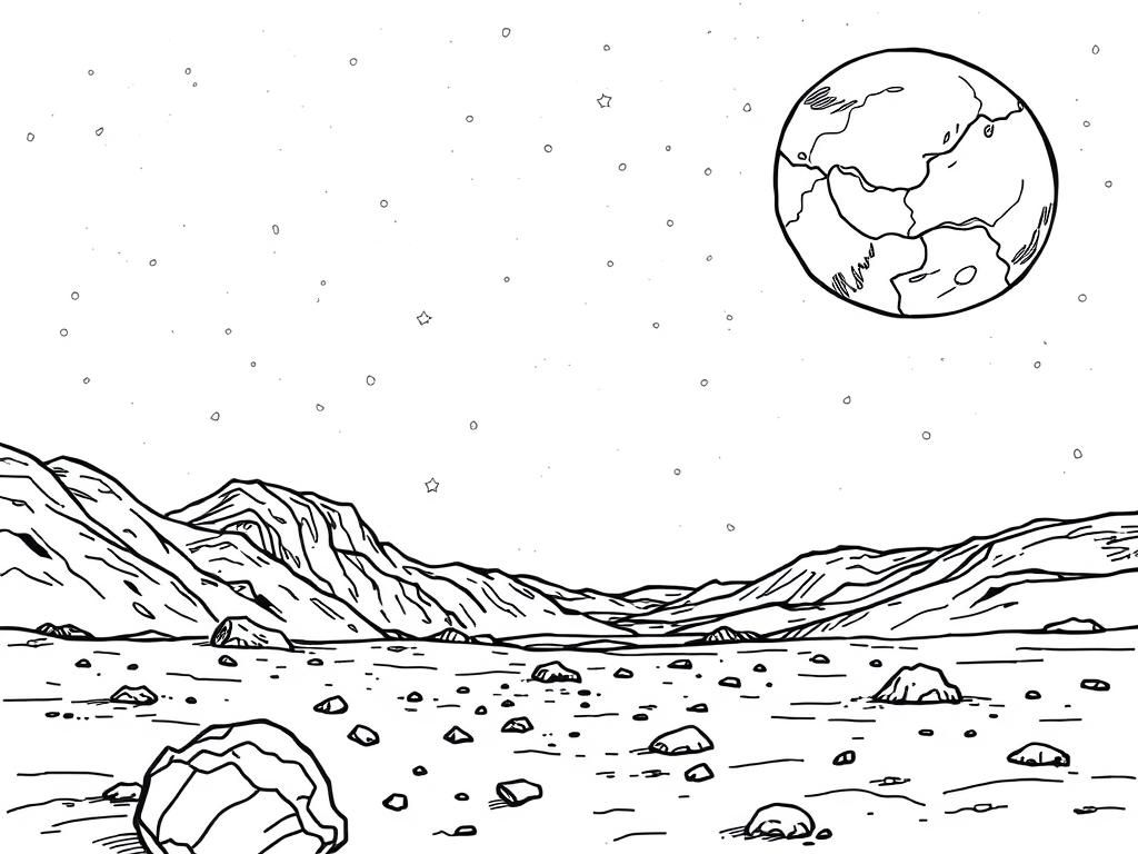 Preview of a night scene on mars drawn with very fine lines with a black sky with stars