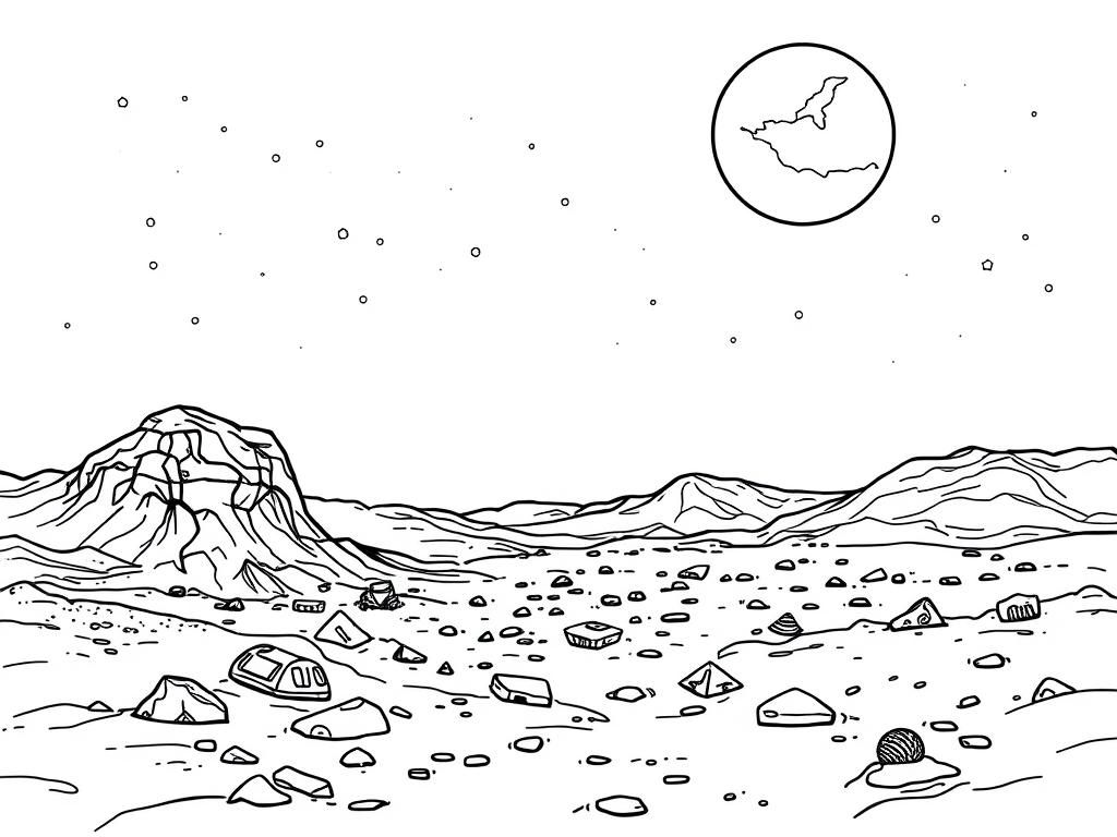 Preview of a night scene on mars drawn with very fine lines with a dark sky