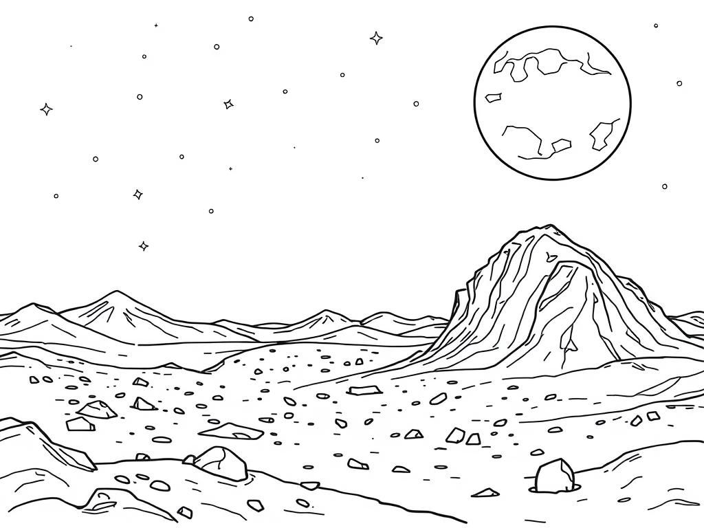 Preview of a night scene on mars drawn with very fine lines with a very dark grey sky with stars