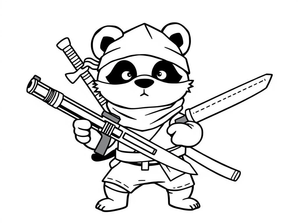 a ninja panda carrying a shotgun and a katana