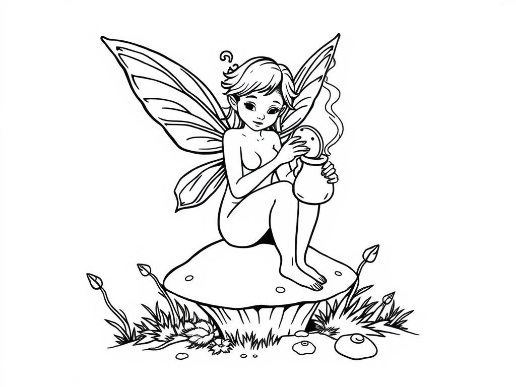 a nude fairy sitting on a mushroom smoking pot