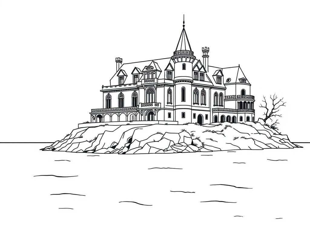 a old, large mansion  on the edge of the sea - Free Printable Coloring Page