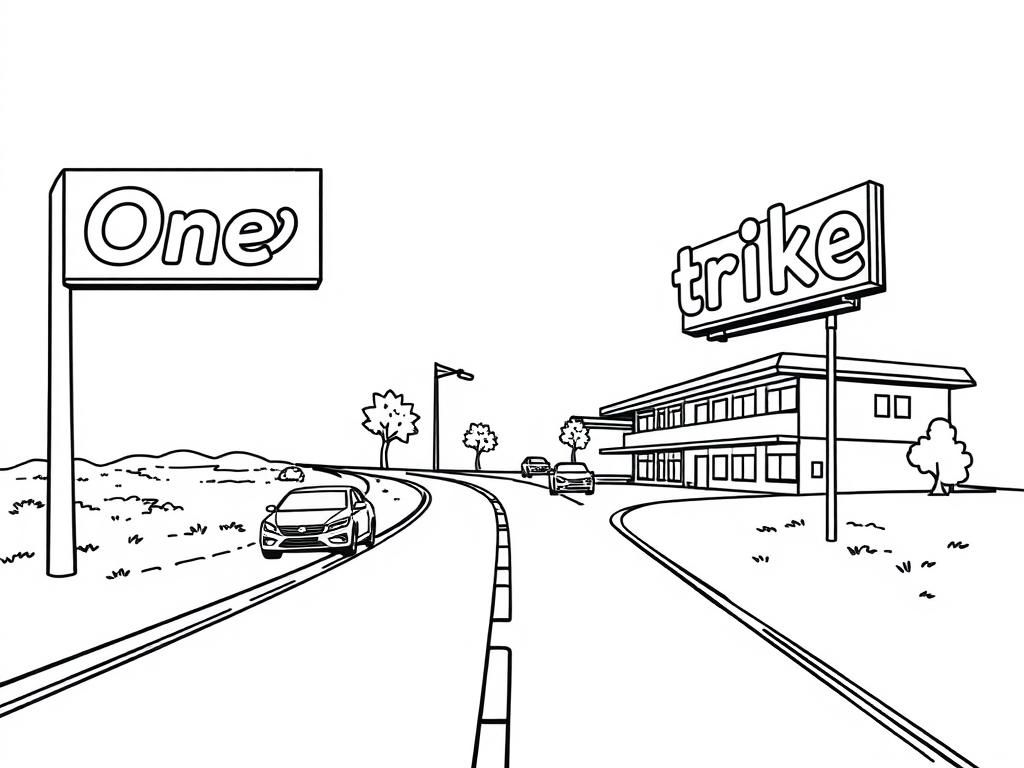 Preview of A 'Oneartstrike written on road panel with motel and cars