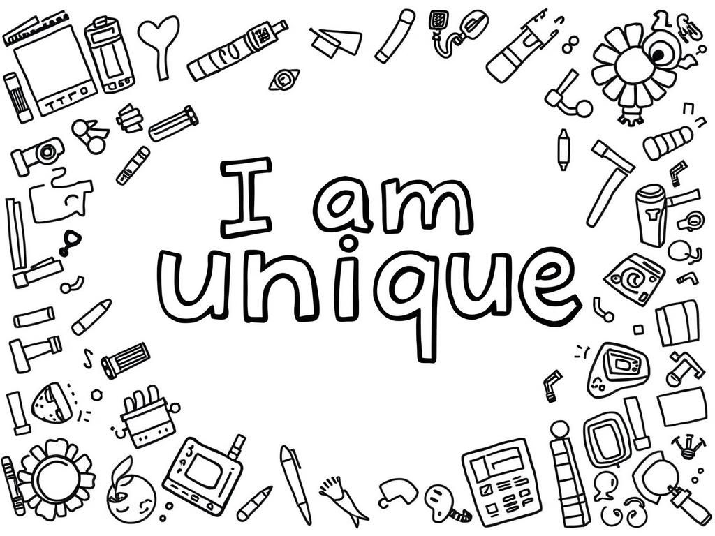 Preview of a page that says I am unique, surrounded by lots of doodle images relating to teenagers and their lives. Make it protrait orientation