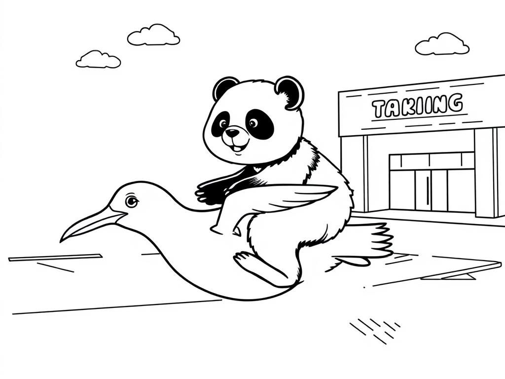 A panda riding a seagull through a mall parking lot in topeka