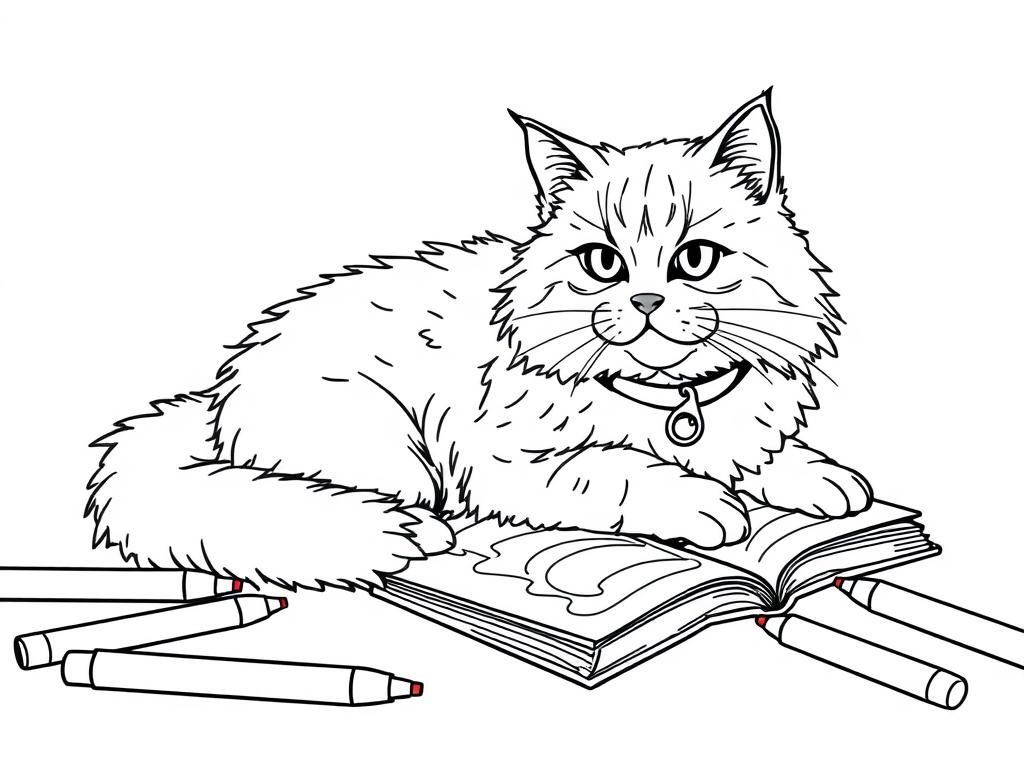 a persian cat with a collar on, coloring in a book while laying on the floor surronded by markers - Free Printable Coloring Page