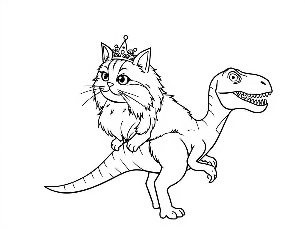 Fantasy Cat Riding T-Rex Coloring Page