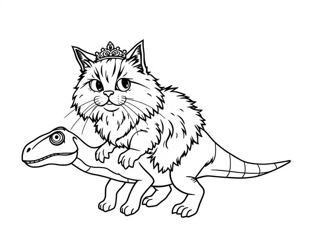 A persian cat with a tiara on its head, riding on a velociraptor