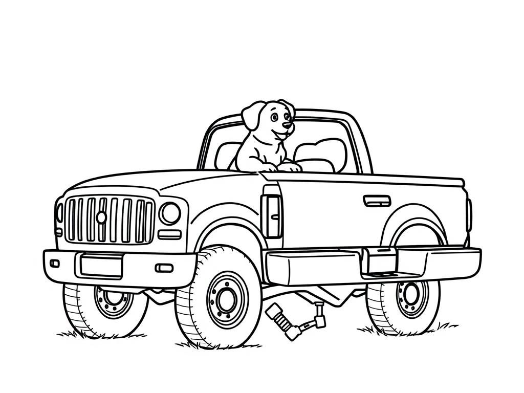 Dog in Pickup Truck Coloring Page