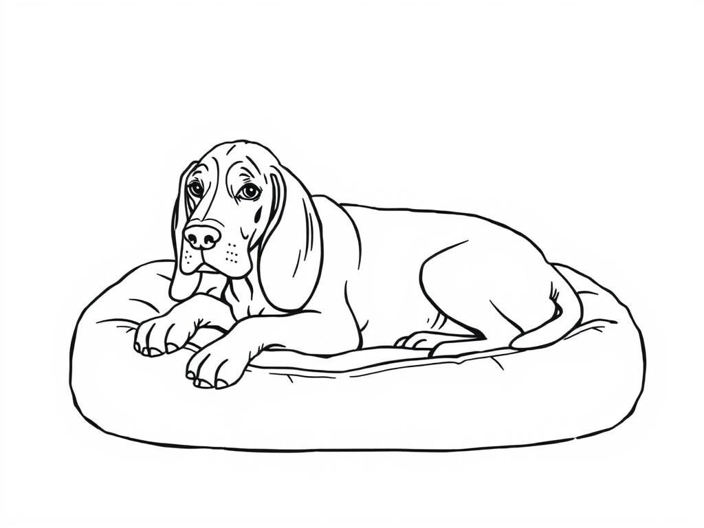 A picture of a hound dog laying on a dog bed