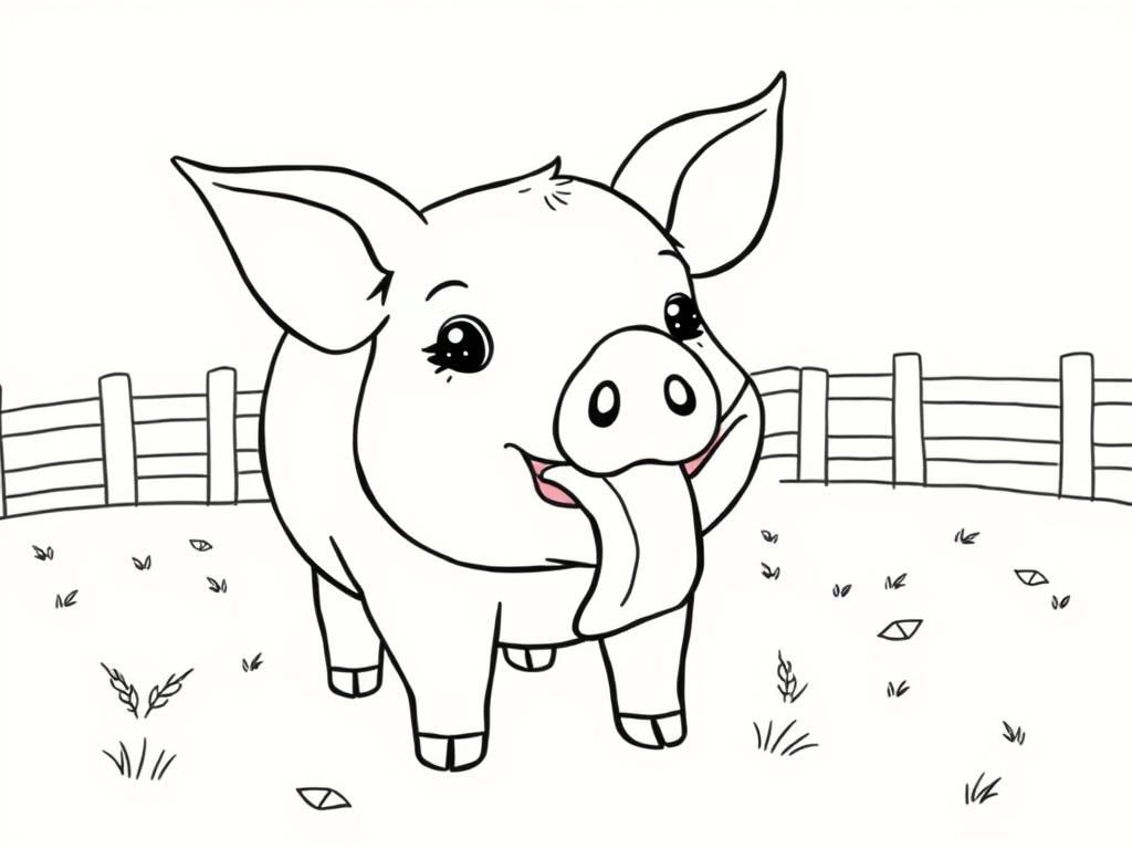 A pig eating bacon in a farm - Free Printable Coloring Page