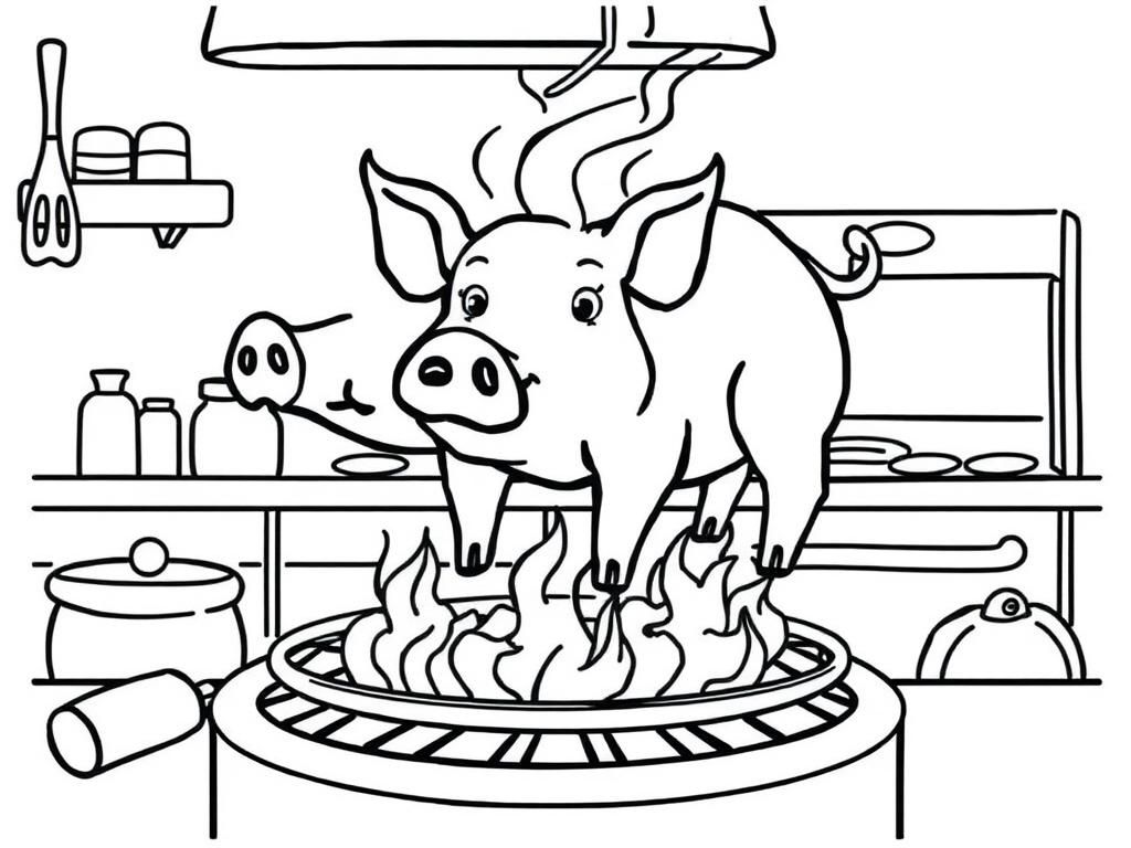 a pig on a grill in a kitchen scene