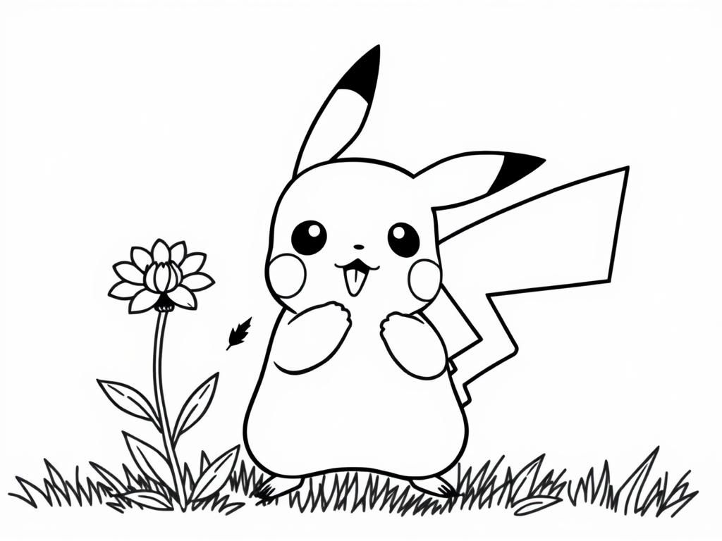 A Pikachu sniffing a flower - Free Printable Coloring Page