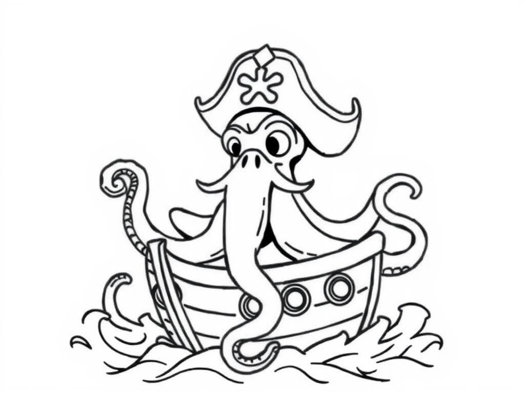 Preview of A pirate octopus wearing a captain’s hat, steering a ship through stormy seas