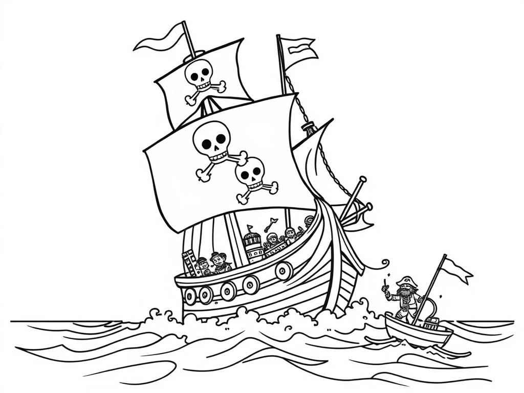 Preview of A pirate ship with pirates in the process of attacking another ship. Include the jolly rogers flag on the pirate ship.