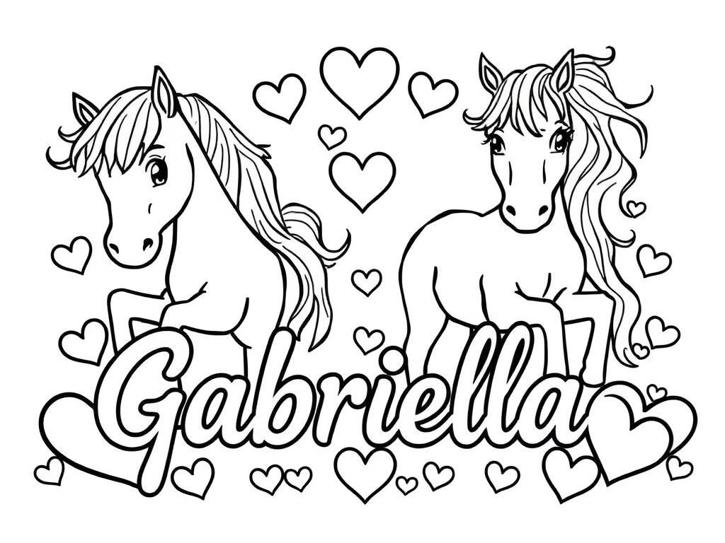 Coloring Page of Horses with Hearts and Gabriella's Name