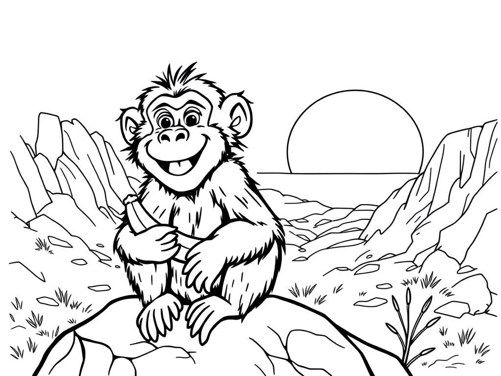 "A playful baboon with a big smile, holding a tiny banana, sitting on a rock. Background: a rocky savanna with a glowing sunset." - Free Printable Coloring Page