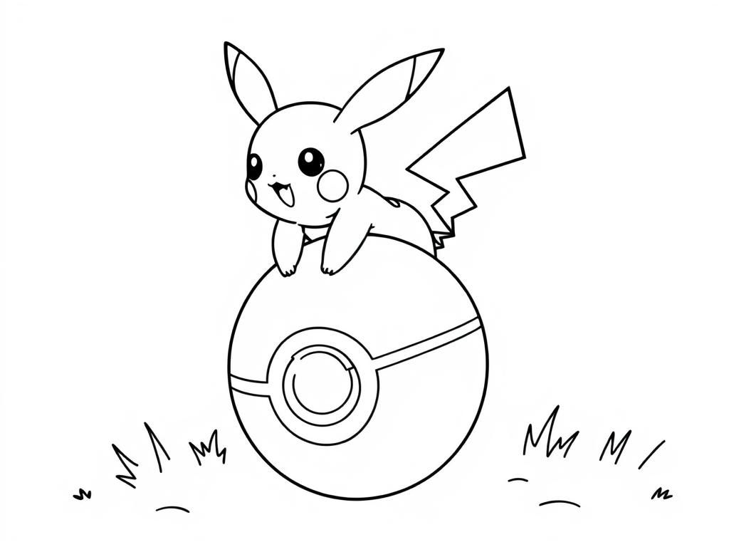 Preview of A playful baby pikachu coloring pages scene where Baby Pikachu is trying to balance on a big, round Voltorb