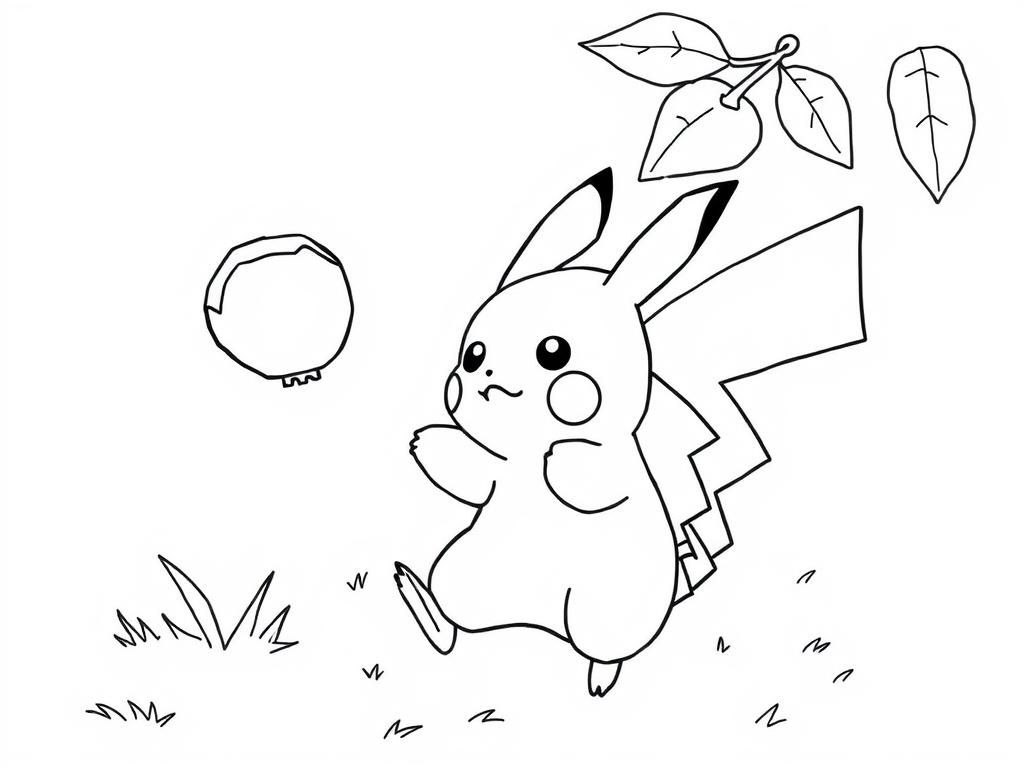 Preview of A playful baby pikachu coloring pages scene where Baby Pikachu is trying to catch a floating Oran Berry