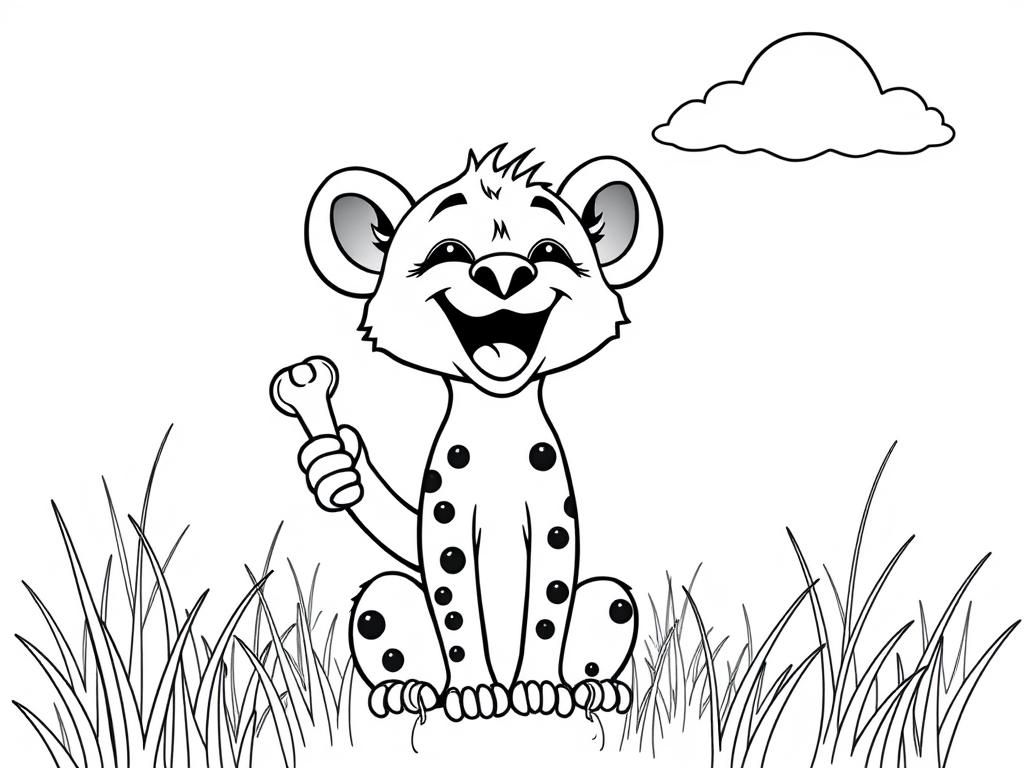 A playful hyena with spots, holding a tiny bone, laughing in the grass. Background: a sunny savanna with tall grass and fluffy clouds." - Free Printable Coloring Page