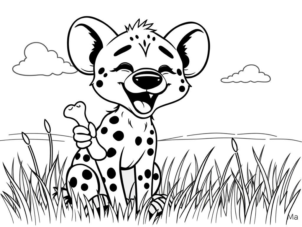 A playful hyena with spots, holding a tiny bone, laughing in the grass. Background: a sunny savanna with tall grass and fluffy clouds." - Free Printable Coloring Page