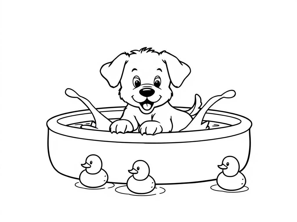 Preview of A playful puppy splashing around in a kiddie pool on a sunny day, with rubber ducks floating nearby