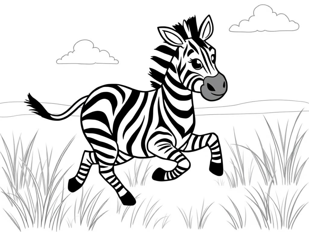 A playful zebra  stripes,  running through the grass. Background: a sunny savanna with tall grass and fluffy clouds." - Free Printable Coloring Page