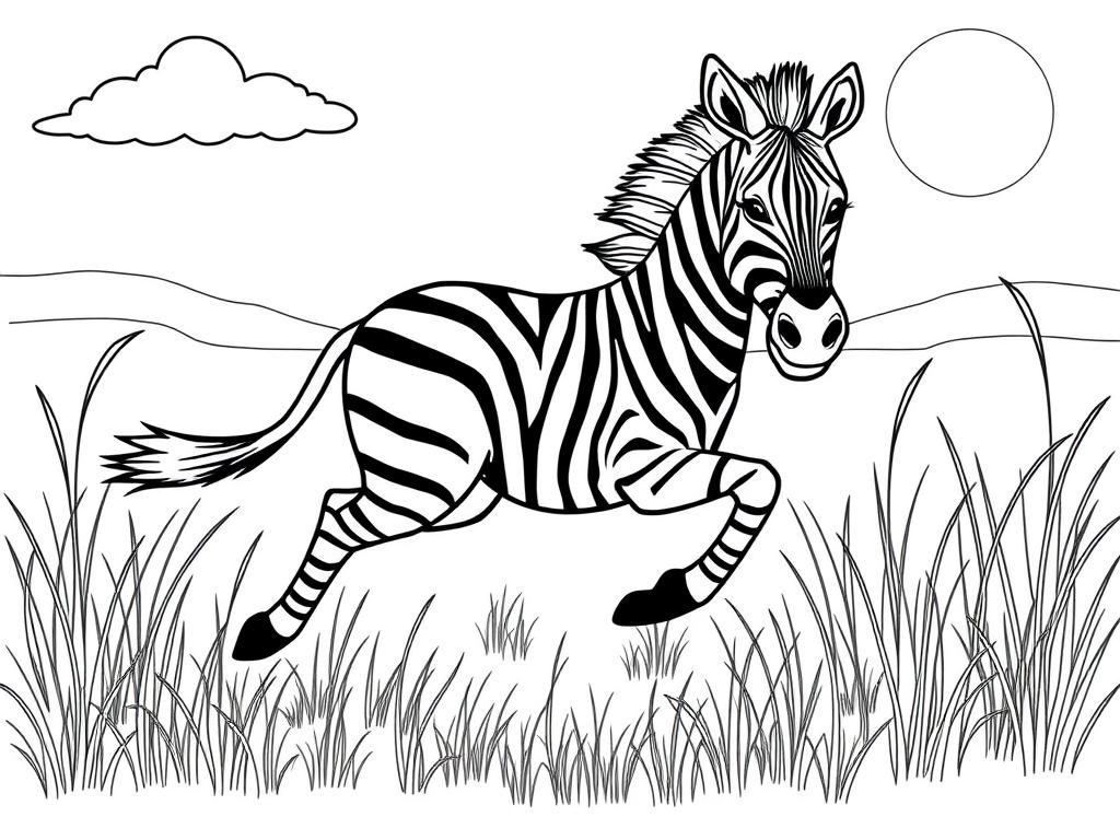 A playful zebra  stripes,  running through the grass. Background: a sunny savanna with tall grass and fluffy clouds.NO COLOR IN IT" - Free Printable Coloring Page