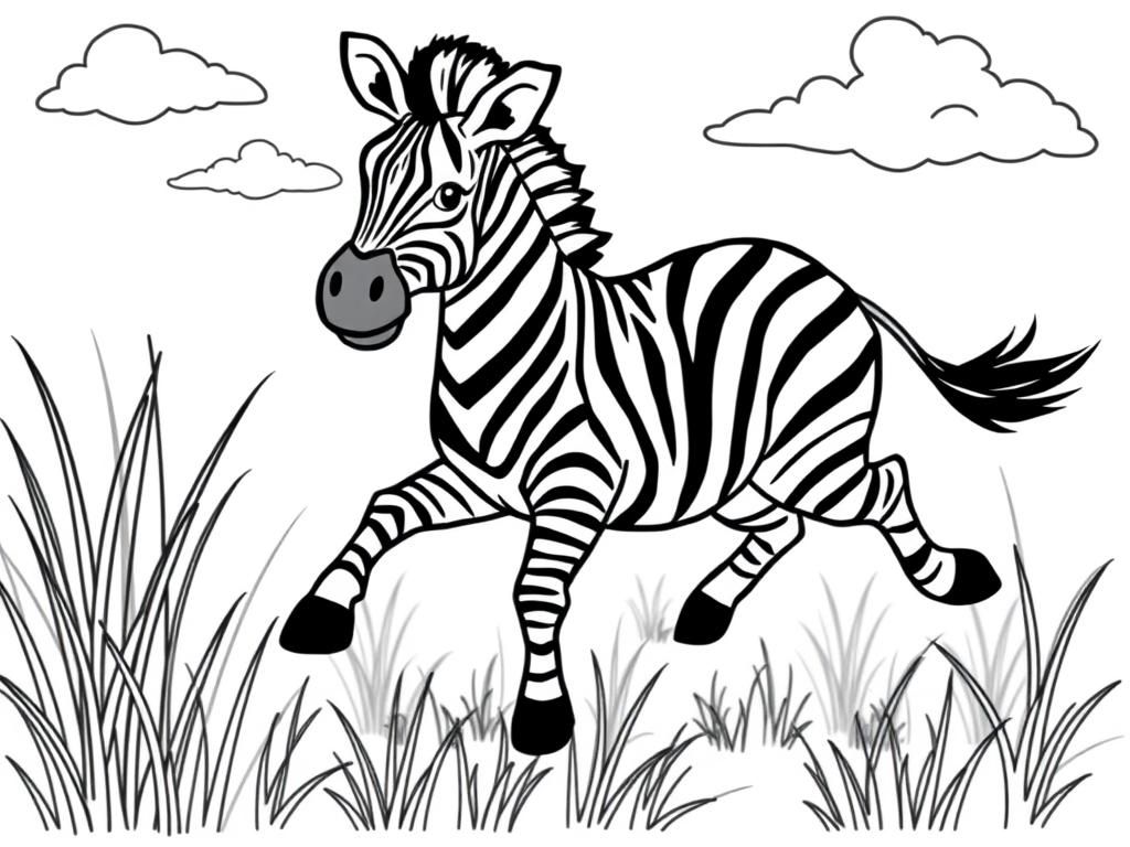 A playful zebra  stripes,  running through the grass. Background: a sunny savanna with tall grass and fluffy clouds.NO COLOR IN IT" - Free Printable Coloring Page