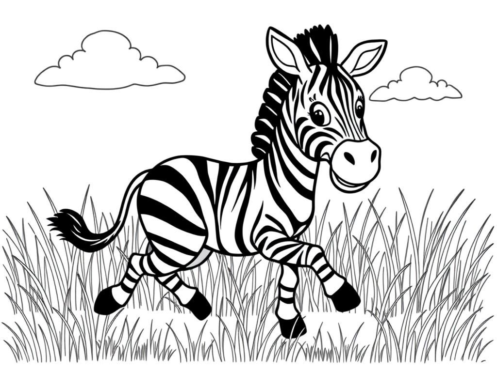 A playful zebra with black and white stripes,  running through the grass. Background: a sunny savanna with tall grass and fluffy clouds." - Free Printable Coloring Page