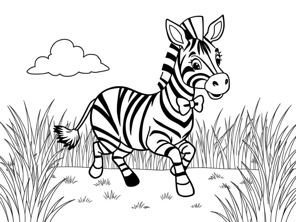 A playful zebra with black and white stripes, wearing a tiny bowtie, running through the grass. Background: a sunny savanna with tall grass and fluffy clouds." - Free Printable Coloring Page